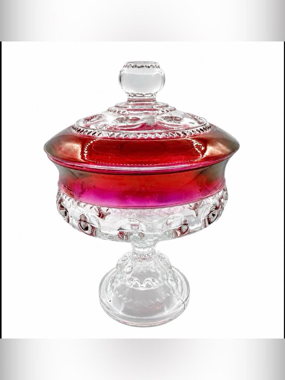 Tiffin-Franciscan Kings Crown Thumbprint Ruby Flashed Lidded Compote Candy Dish